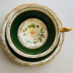 Regency Bone China Rose Pattern Center Green/Gold Tea Cup & Saucer Set of 2